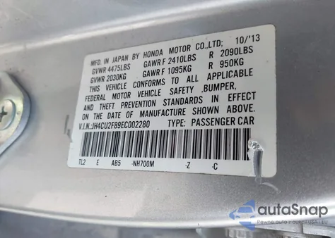 2014 Acura Tsx 2.4 z USA, uszkodzony, nr VIN JH4CU2F89EC002280